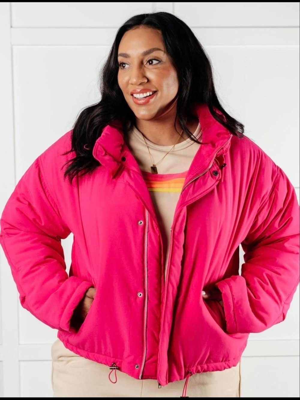 New White Birch Hot Pink Puffer Jacket